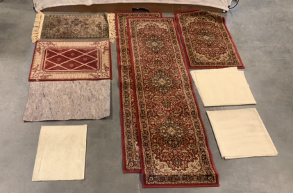 (2) LONG HALLWAY RUGS W/ (1) SMALL ENTARANCE RUG, (3) WHITE MATS, AND MORE; PLEASE INSPECT