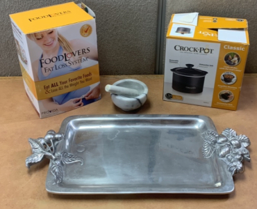 SILVER SERVING TRAY, CROCK POT(POWERS ON) “ THE ORIGINAL SLOW COOKER”, STONE MORTAR AND PESTLE W/ FOOD LOVERS FAT LOST SYSTEM COLLECTION