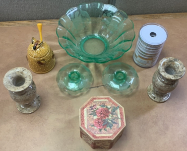 (2) STONE CANDLE HOLDERS, (1) GREEN GLASS D&Eacute;CORATIVE BOWL WITH ENGRAVED PEACOCK W/ (2) MATCHING CANDLE HOLDERS, A FLORAL BOX, AND A CERAMIC HONEY CONTAINER WITH A PLASTIC HONEY DIPPER AND MORE; PLEASE INSPECT