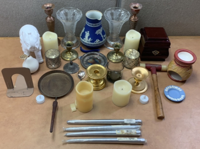 METAL CANDLE HOLDERS, ELECTRIC CANDLES, (2) MATCHING FROSTED GLASS VASES, WHITE CERAMIC ELEPHANT,, CERAMIC DECORATIVE CASE, WOODEN JEWELRY BOX WITH SECRET COMPARTMENT, AND MORE; PLEASE INSPECT