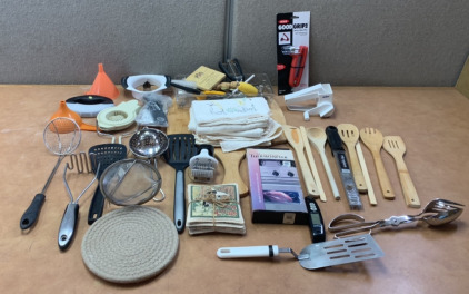 GOOD GRIPS CHERRY & OLIVE PITTER, ROASTING THERMOMETER, EMBROIDERED POT HOLDERS, CAT THEMED POT HOLDERS, WOODEN PIZZA PEEL( LAUNCH PAD), ZYLISS ORIGINAL ROTARY CHEESE GRATER, MICROPLANE ZESTER GRATER AND MORE; PLEASE INSPECT