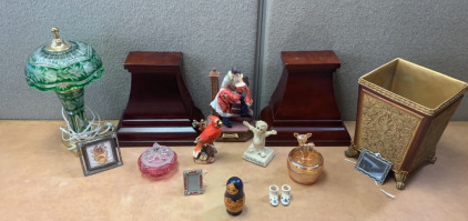 PAIR OF FLOATING WALL SHELVES, STAINED GLASS LAMP (PLEASE INSPECT), VERSAILLES WASTE BASKET, RUSSIAN DOLL, GONE WITH THE WIND MUSIC BOX FIGURINE AND MORE