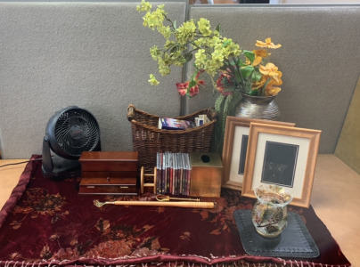 SMALL HONEYWELL FAN, MARSHALLS GLASS DECORATIVE VASE, MUSIC CDS, WONDERCORE WORKOUT CD, BACK SCRATCHER WITH ATTACHMENT, WOODEN JEWELRY BOX, WICKER BASKET W/BOOKS, TWO MATCHING PICTURE FRAMES, ONE VASE WITH FAKE FLOWERS, METAL TISSUE BOX, AND DECORATIVE BL