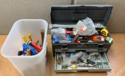 FLAMBEAU 21800 POWER LATCH TOOK BOX W/ ELECTRICAL TAPE, SCREWS, STANLEY MEASURING TAPE, HUSKY 6&rdquo; JOINT KNIFE, SCREWDRIVERS, CABLE TIES, LASER STRAIGHT DEVICE, FREUD TOOKS, ( PLEASE INSPECT) AND MORE