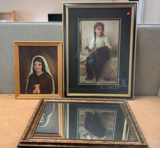 HAND PAINTED CANVAS FRAMED, MIRROR W/ METAL FRAME, &ldquo;THE DRESS MAKER&rdquo; PHOTO COPY FRAMED; PLEASE INSPECT