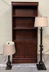 (2) LAMPS AND DARKER WOOD SHELVES W/ CABINET; PLEASE INSPECT