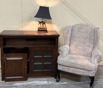 WOOD/GLASS MEDIA STAND ( BROKEN DOOR), METAL BOOK/ DOG LAMP, AND HIGH BACK GRAY CHAIR; PLEASE INSPECT