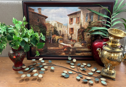 (2) RED VASES W/ FAKE PLANTS , METAL LEAF WALL DECOR, AND MORE; PLEASE INSPECT