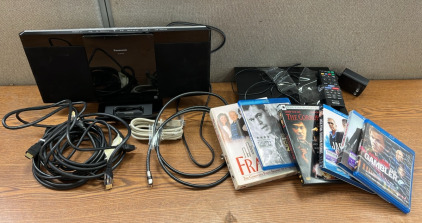 SONY DVD PLAYER (POWERS ON) W/ REMOTE, PANASONIC, HDMI CORDS, AND MORE