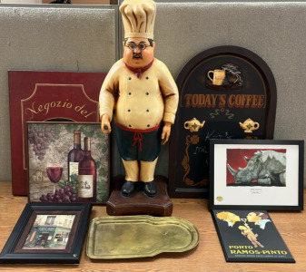LARGE CHEF STATUE, WINE PRINTS, COFFEE CHALKBOARD SIGN AND MORE; PLEASE INSPECT