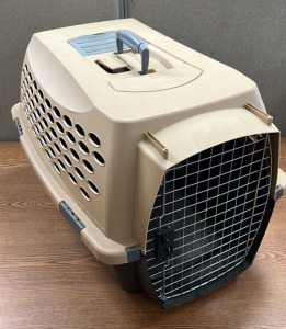 SMALL TAN/ GREY TRAVEL KENNEL; PLEASE INSPECT