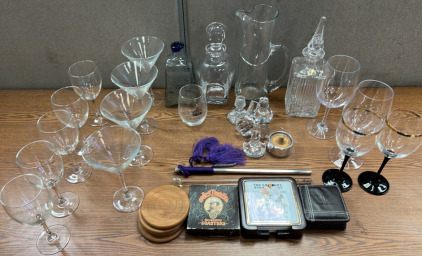 BARTENDERS GLASSES, COASTERS, ALCOHOL HOLDING PIECES AND MORE; PLEASE INSPECT