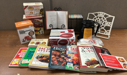 COOKBOOKS, BCP HOW TO COOK BOOKS, KEURIG, HAMBURGER PRESS AND MORE; PLEASE INSPECT