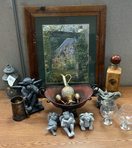 GARGOYLE DECOR, COTTAGE PICTURE, METAL MINI WINE SET, GLASSES AND MORE; PLEASE INSPECT
