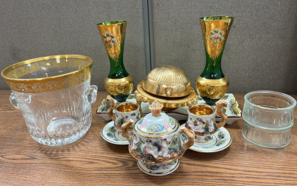 FANCY GLASS/ CERAMIC TEA SET W/ GOLD DETAILS. PLEASE INSPECT