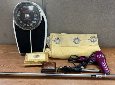YELLOW SHOWER CURTAIN, SCALE, (2) MUSIC BOXES, AND MORE . PLEASE INSPECT.