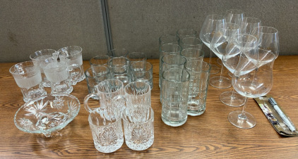 JUICE GLASSES, HANDLED GLASSES, TALL DRINKING GLASSES, AND MORE . PLEASE INSPECT.