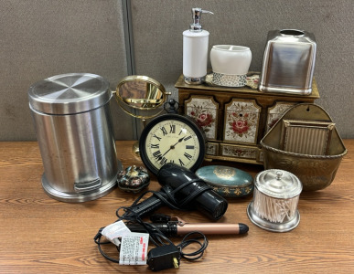 HAIR DRYER, CURLING IRON, ( POWERS ON) HANGING CLOCK, BATHROOM ORGANIZERS, SMALL TRASH BIN, JEWELRY BOXES AND MORE; PLEASE INSPECT