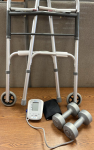 NOVA WALKER, RELI ON BLOOD PRESSURE MACHINE ( WORKS ) AND (2) 5LBS WEIGHTS; PLEASE INSPECT