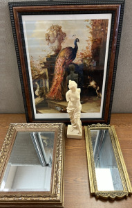 LARGE FRAMED PEACOCK PRINT, (2) MIRRORS AND A STATUE; PLEASE INSPECT
