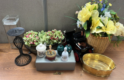 METAL CANDLE HOLDER, LOCKABLE METAL CASE W/ KEYS, FAKE PLANTS, AND MORE . PLEASE INSPECT
