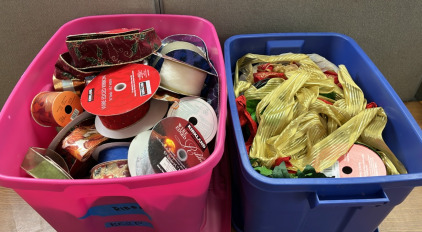 (2) BINS OF RIBBON CHRISTMAS, THANKSGIVING, HALLOWEEN AND MORE; PLEASE INSPECT