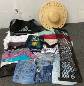 WOMENS SHIRTS, WOMENS SHORTS & PANTS, SUN HAT, ADIDAS BAG. PLEASE INSPECT