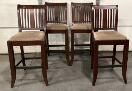 4PC DARK WOOD CUSHIONED BAR STOOL CHAIRS. PLEASE INSPECT