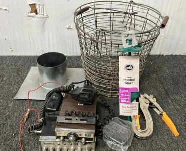 (2) WIRE BASKETS, STEEL HOODED STAKE, COBRA CB RADIO AND MORE; PLEASE INSPECT