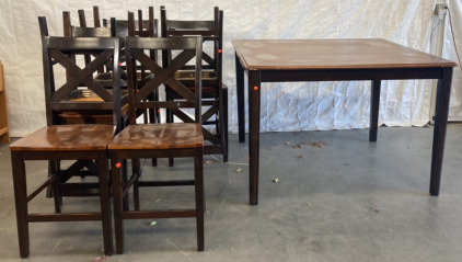 SIX BARNHOUSE STYLE CHAIRS WITH A LARGE EXTENABLE TABLE (BROKEN LEG) PLEASE INSPECT