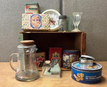 VINTAGE TINS, GLASSWARE, SHOES AND MORE; PLEASE INSPECT