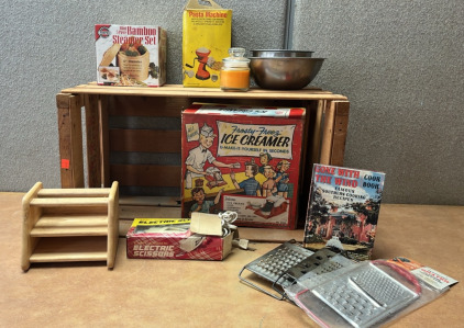 VINTAGE ICE CREAM MAKER, PASTA MAKER, BAMBOO STEAMER SET, AND MORE; PLEASE INSPECT