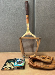 OLD SCHOOL TENNIS RACKET, BASEBALL GLOVE, PLAYING CARDS AND MORE; PLEASE INSPECT