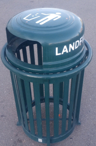 (1) Landscape Forms Green Metal 40" x 24" Parks And Recreation " Landfill" Trash Bin