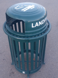 (1) Landscape Forms Green Metal 40" x 24" Parks And Recreation " Landfill" Trash Bin