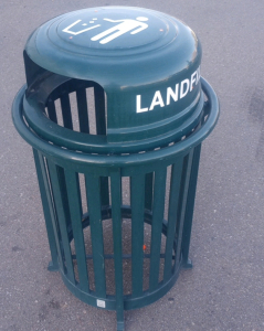 (1) Landscape Forms Green Metal 40" x 24" Parks And Recreation " Landfill" Trash Bin