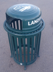 (1) Landscape Forms Green Metal 40" x 24" Parks And Recreation " Landfill" Trash Bin