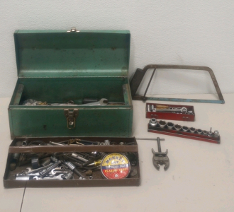 (1) Vintage Green Metal Full Of Tools Including Mac Tools And Snap on Sockets