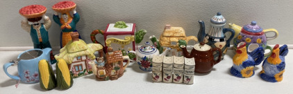 (9) Decorative Ceramic Teapots, (1) Rooster Creamer and Sugar Bowl Set, (4) Book-Shaped Spice Shakers, (1) Corn Salt and Pepper Shakers, (1) Man and Woman Candlestick Holders