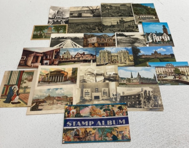 (22) Vintage Postcards, (1) Vintage American Historical Stamp Album