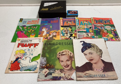 Mexican Train Dominos Set, Collectible ET Cards, (3) Archie Comics, (1) Chip n’ Dale Comic, (1) Road Runner Comic, (1) Dennis the Menace Comic, (2) 50s Hairdress Magazines