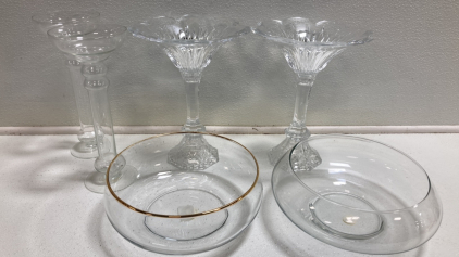 (4) Pairs of Large Glass Candlesticks, (2) Shallow Decor Glass Bowls