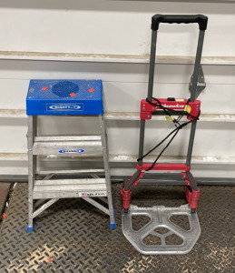 (1) Milwaukee Fold up Hand Truck Dolley, (1) Werner Mighty Lite 3 Step Ladder