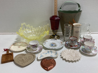 (4) Decorative Teacups and Saucers, Yellow Glass Decor Bowl, Red Glass Oil Lamp (Missing Lid), and More Home Decor