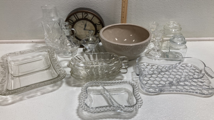 Assorted Glass Serving Dishes, (2) Glass Jars, (2) Glass Candlesticks, Wall Clock, Ceramic Serving Bowl, and more