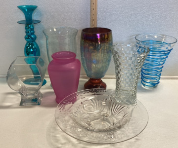 (6) Decorative Glass Vases, (1) Glass Blue Candlestick, (1) Decorative Glass Bowl