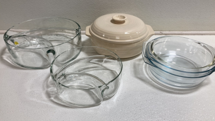 Emile Henry Casserole Dish, (3) Glass Pyrex Bakeware, (2) Sectioned Glass Serving Dishes