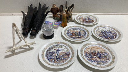 (5) “Lafayette in the American Revolution” Collectible Plates, Photo Snowglobe, Animal Figurines, (2) Metal Candle Sconces, Frame Stand, Bottle Sand Art