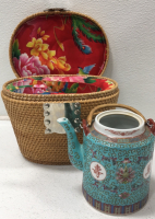 Ceramic Tea Pot w/Padded Wicker Basket