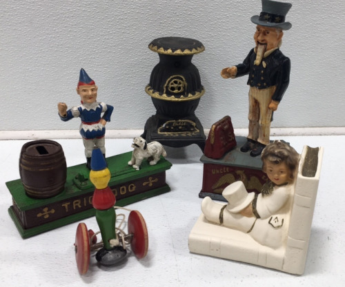 Ceramic Bookend; Trick Dog Bank; Uncle Sam Bank; Antique Wooden Toy; Antique Stove Figurine